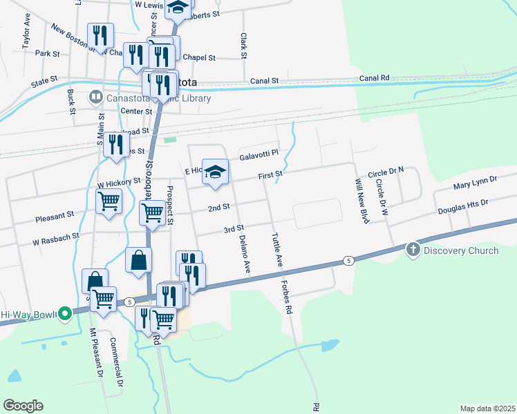 map of restaurants, bars, coffee shops, grocery stores, and more near 309 2nd St in Canastota