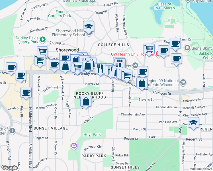 map of restaurants, bars, coffee shops, grocery stores, and more near 2939 Harvey Street in Madison