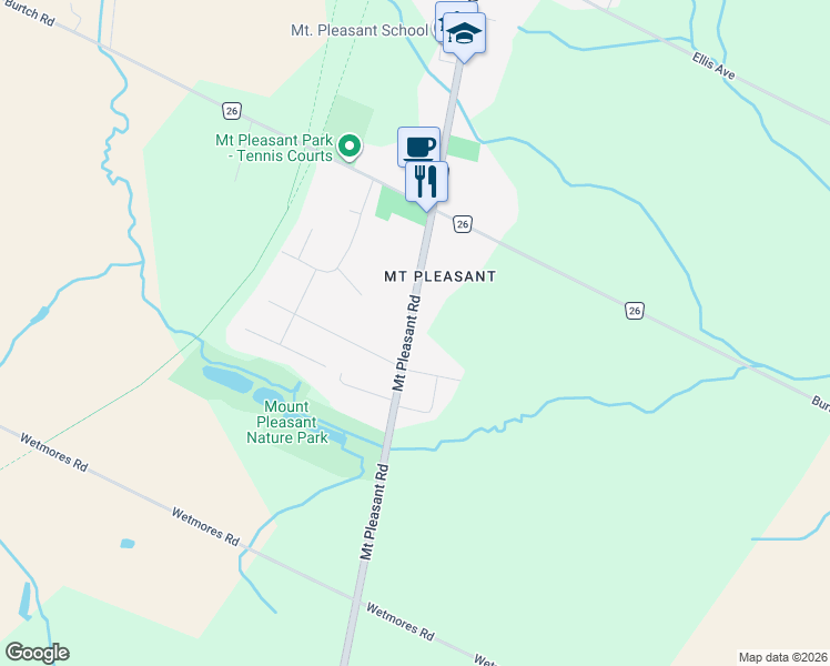 map of restaurants, bars, coffee shops, grocery stores, and more near 740 Brant County Road 24 in Brant