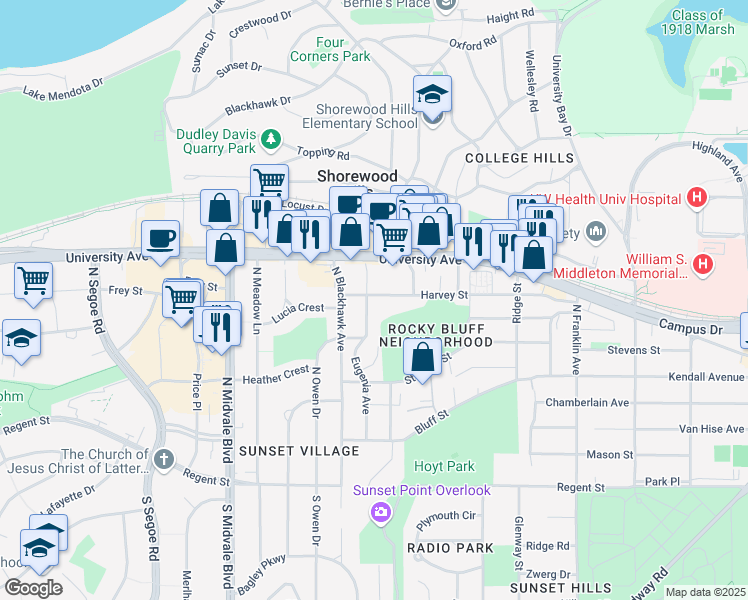 map of restaurants, bars, coffee shops, grocery stores, and more near 641 Eugenia Avenue in Madison