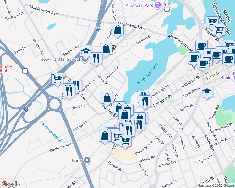 map of restaurants, bars, coffee shops, grocery stores, and more near 152 Clinton Street in Portsmouth