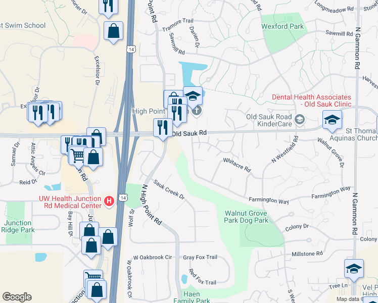 map of restaurants, bars, coffee shops, grocery stores, and more near 7645 Farmington Way in Madison