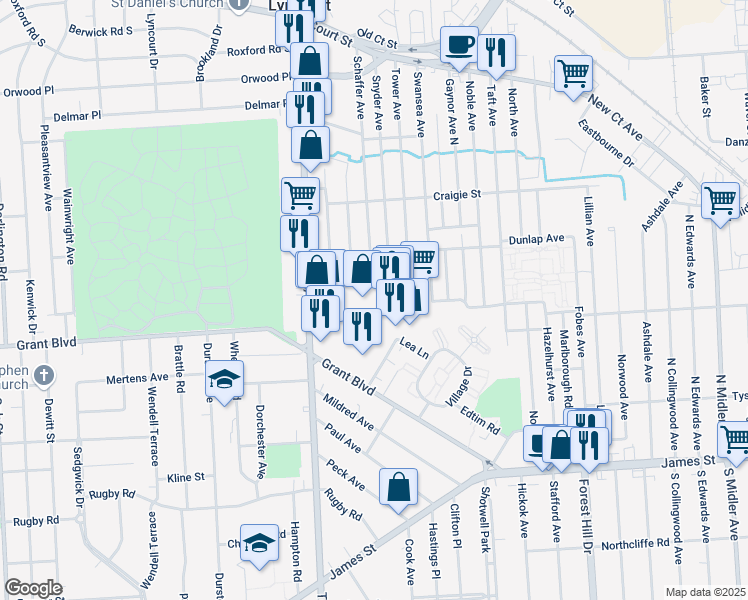 map of restaurants, bars, coffee shops, grocery stores, and more near 158 Shop City Plaza in Syracuse