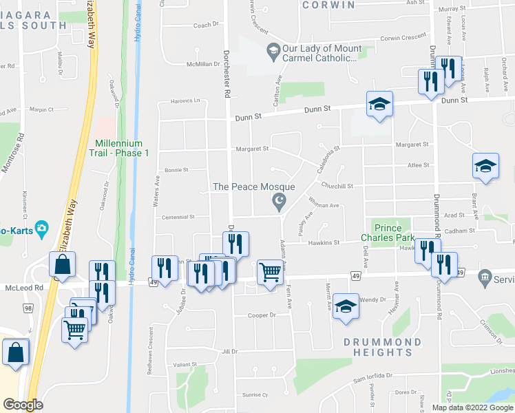 map of restaurants, bars, coffee shops, grocery stores, and more near 7016 Hagar Avenue in Niagara Falls