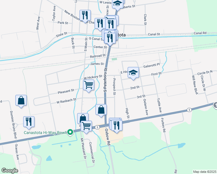 map of restaurants, bars, coffee shops, grocery stores, and more near 314 North Peterboro Street in Canastota