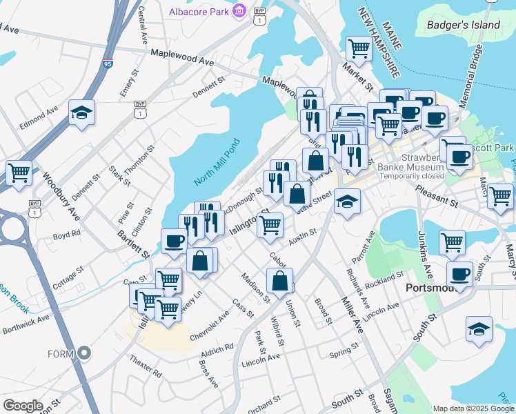 map of restaurants, bars, coffee shops, grocery stores, and more near 26 Cornwall Street in Portsmouth