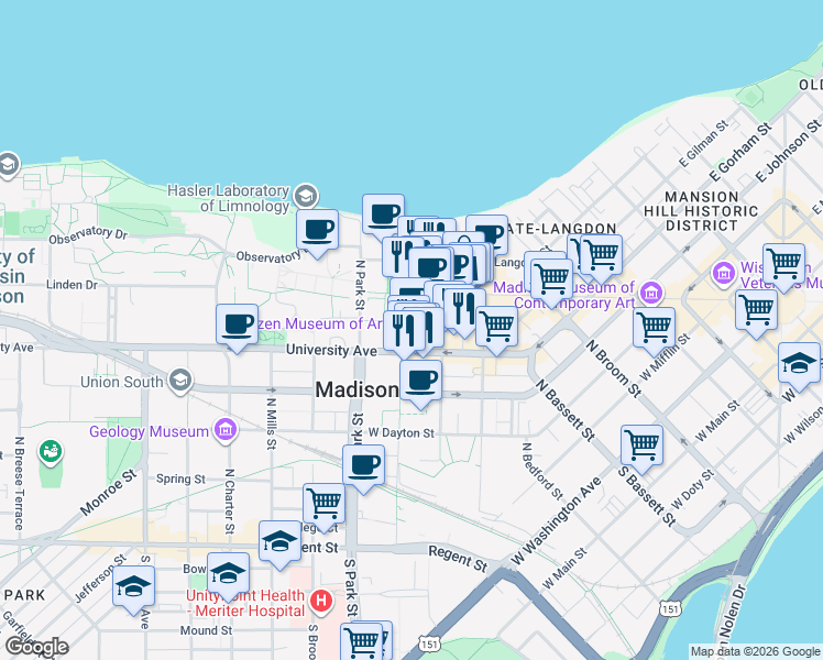 map of restaurants, bars, coffee shops, grocery stores, and more near 435 East Campus Mall in Madison