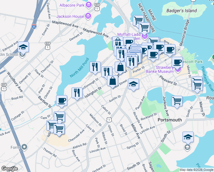 map of restaurants, bars, coffee shops, grocery stores, and more near 180 Islington Street in Portsmouth