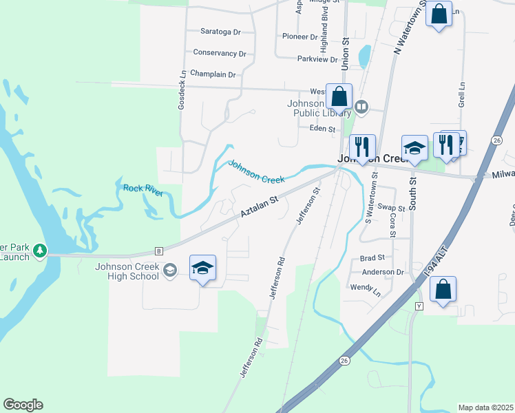 map of restaurants, bars, coffee shops, grocery stores, and more near Aztalan Street in Johnson Creek
