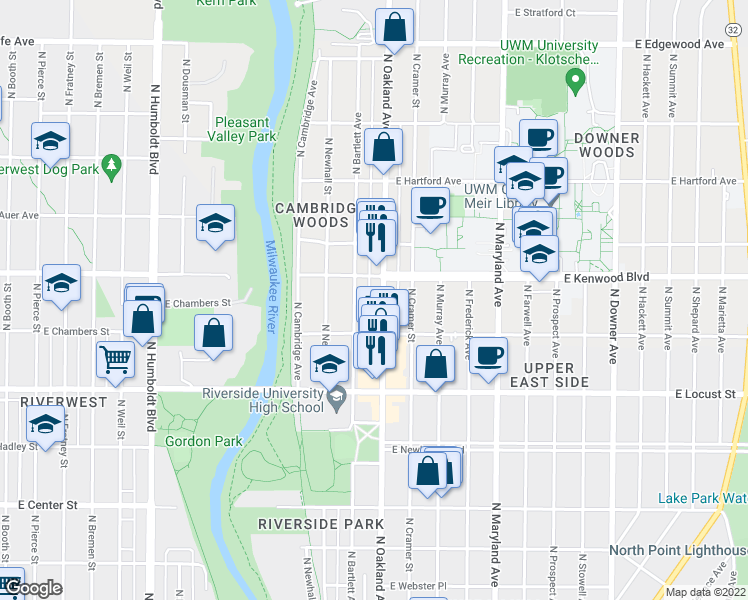 map of restaurants, bars, coffee shops, grocery stores, and more near 3051 North Oakland Avenue in Milwaukee