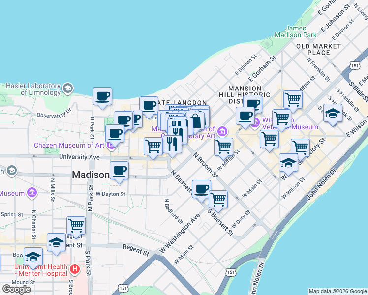 map of restaurants, bars, coffee shops, grocery stores, and more near 407 West Gorham Street in Madison