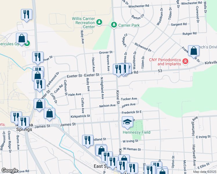 map of restaurants, bars, coffee shops, grocery stores, and more near 110 Cutler St in East Syracuse