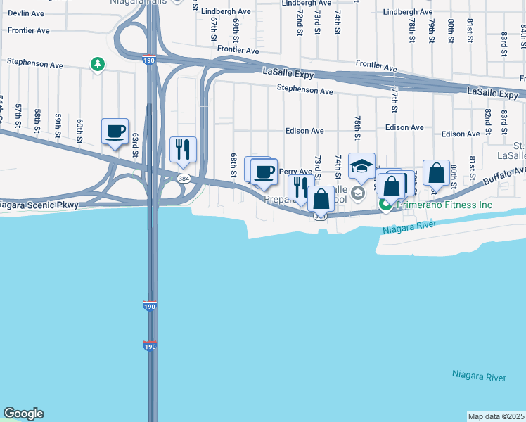 map of restaurants, bars, coffee shops, grocery stores, and more near 6919 Buffalo Avenue in Niagara Falls