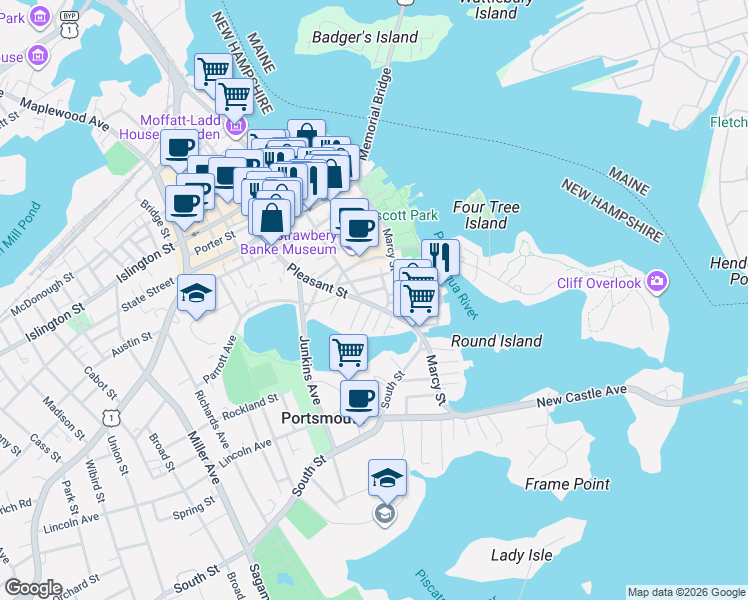 map of restaurants, bars, coffee shops, grocery stores, and more near 355 Pleasant Street in Portsmouth