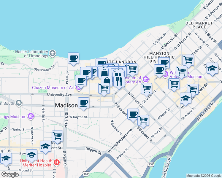 map of restaurants, bars, coffee shops, grocery stores, and more near 433 West Gilman Street in Madison
