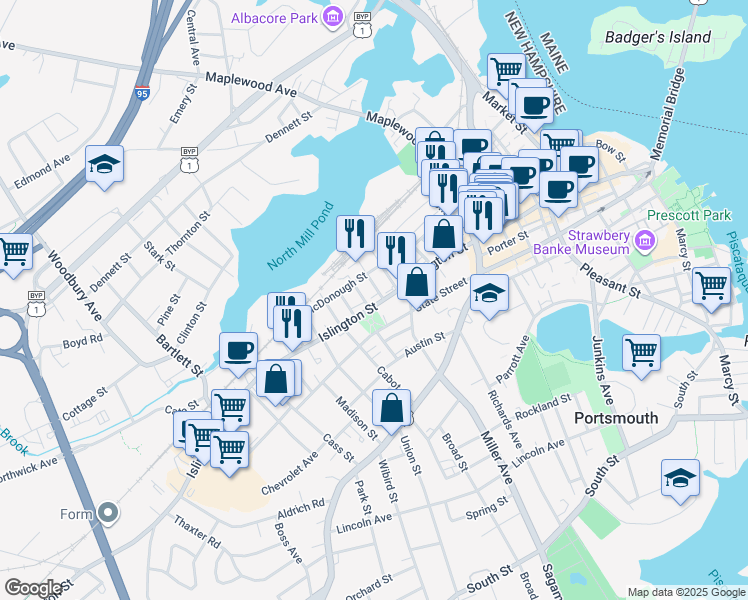 map of restaurants, bars, coffee shops, grocery stores, and more near 26 Cornwall Street in Portsmouth