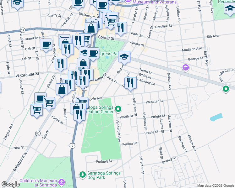 map of restaurants, bars, coffee shops, grocery stores, and more near 1 Southeast Street in Saratoga Springs