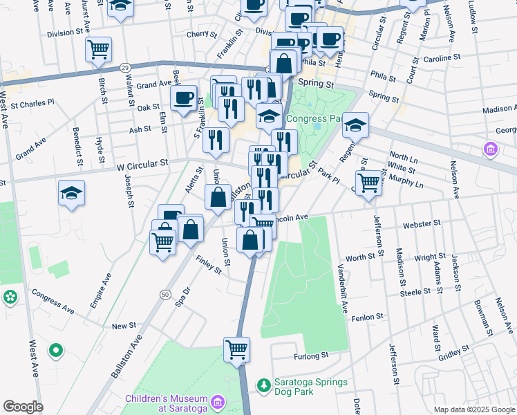 map of restaurants, bars, coffee shops, grocery stores, and more near 195 South Broadway in Saratoga Springs