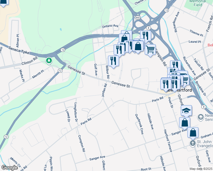 map of restaurants, bars, coffee shops, grocery stores, and more near 137 Genesee Street in New Hartford