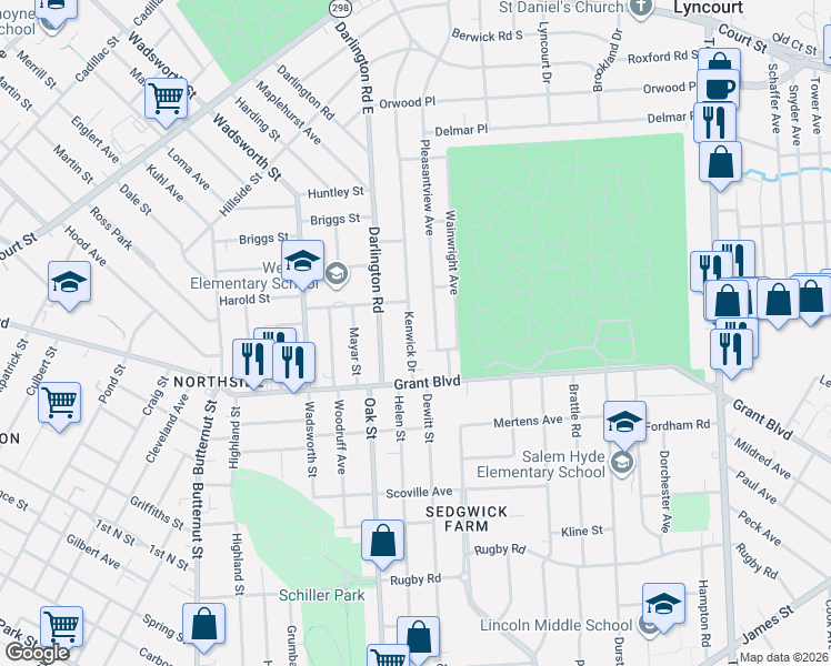 map of restaurants, bars, coffee shops, grocery stores, and more near 115 Kenwick Drive in Syracuse