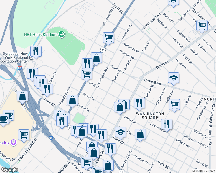 map of restaurants, bars, coffee shops, grocery stores, and more near 716 Bear Street in Syracuse