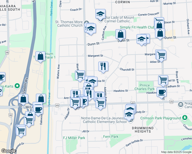map of restaurants, bars, coffee shops, grocery stores, and more near 7016 Hagar Avenue in Niagara Falls
