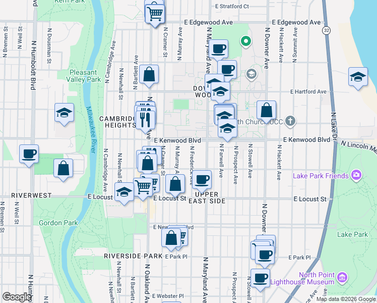 map of restaurants, bars, coffee shops, grocery stores, and more near 3054 North Murray Avenue in Milwaukee