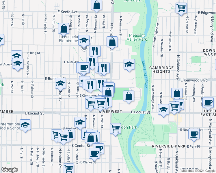 map of restaurants, bars, coffee shops, grocery stores, and more near 3053 North Humboldt Boulevard in Milwaukee