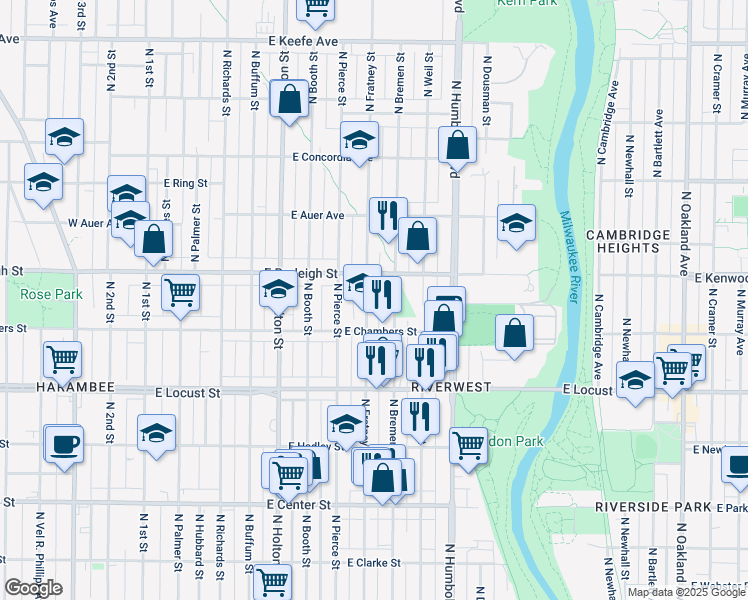 map of restaurants, bars, coffee shops, grocery stores, and more near 3044 North Fratney Street in Milwaukee