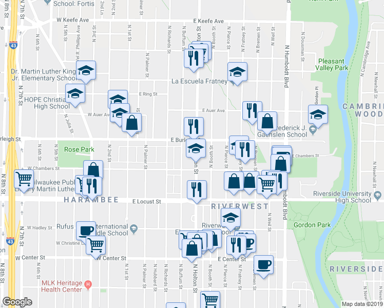 map of restaurants, bars, coffee shops, grocery stores, and more near 3046 North Buffum Street in Milwaukee