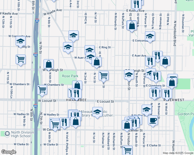 map of restaurants, bars, coffee shops, grocery stores, and more near 3044 North 1st Street in Milwaukee