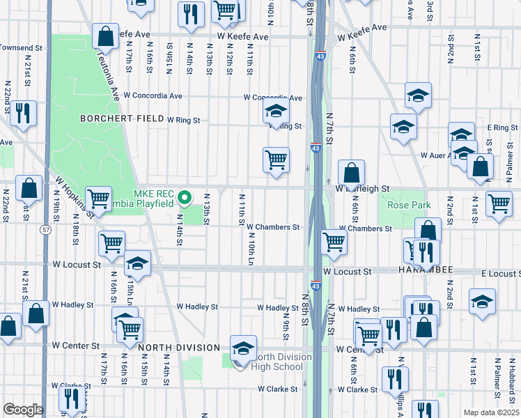 map of restaurants, bars, coffee shops, grocery stores, and more near 3041 North 10th Street in Milwaukee