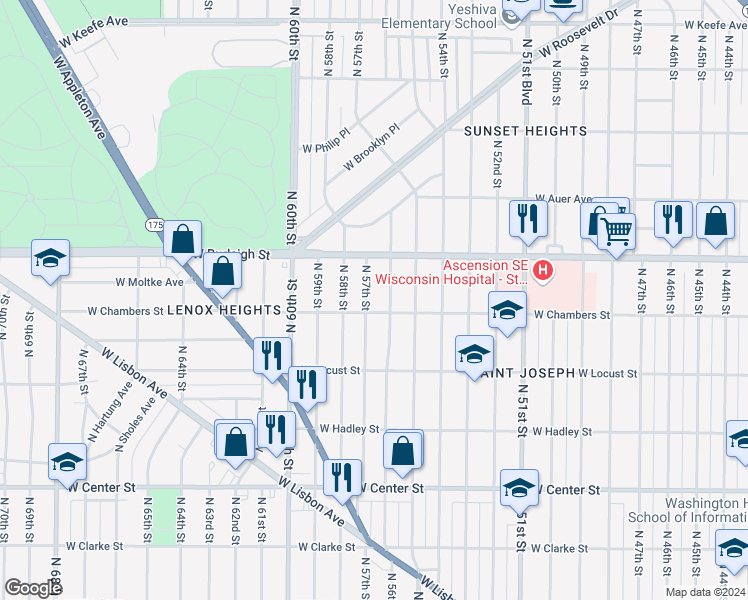 map of restaurants, bars, coffee shops, grocery stores, and more near 3020 North 57th Street in Milwaukee