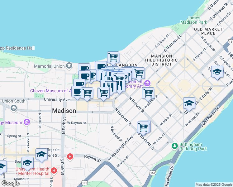 map of restaurants, bars, coffee shops, grocery stores, and more near 432 West Gorham Street in Madison