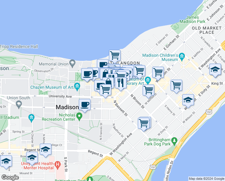 map of restaurants, bars, coffee shops, grocery stores, and more near 432 West Gorham Street in Madison