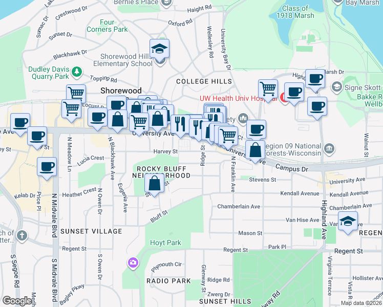 map of restaurants, bars, coffee shops, grocery stores, and more near 2939 Harvey Street in Madison