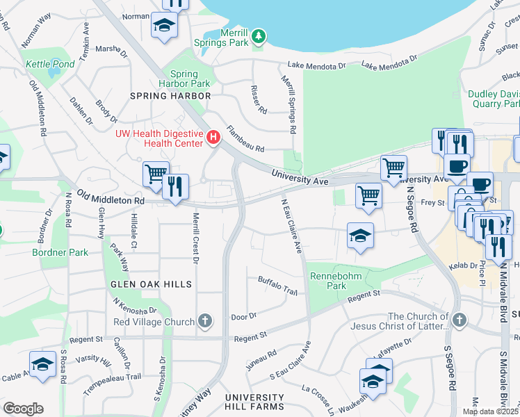 map of restaurants, bars, coffee shops, grocery stores, and more near 5019 Old Middleton Road in Madison