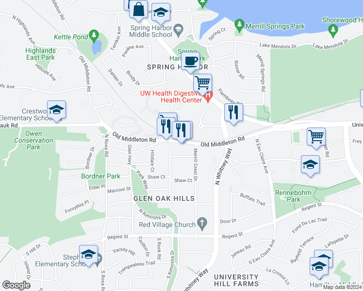 map of restaurants, bars, coffee shops, grocery stores, and more near 5325 Old Middleton Road in Madison