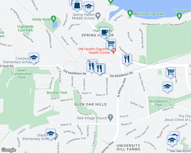 map of restaurants, bars, coffee shops, grocery stores, and more near 5325 Old Middleton Road in Madison
