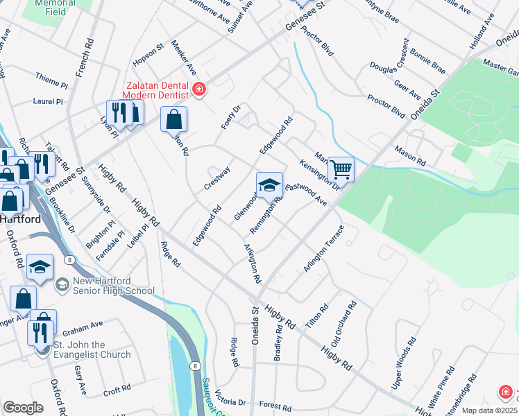 map of restaurants, bars, coffee shops, grocery stores, and more near 2630 Remington Road in Utica