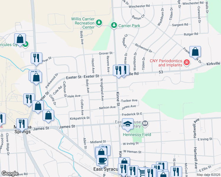 map of restaurants, bars, coffee shops, grocery stores, and more near 110 Cutler Street in East Syracuse