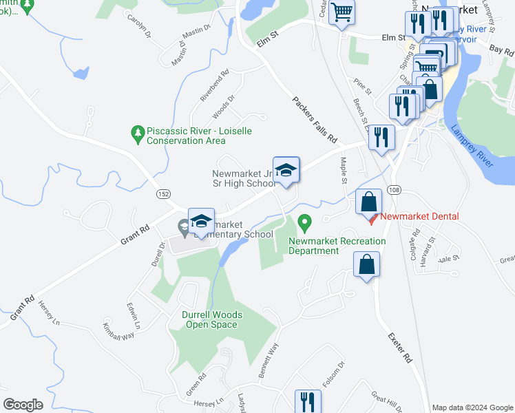 map of restaurants, bars, coffee shops, grocery stores, and more near 223 South Main Street in Newmarket