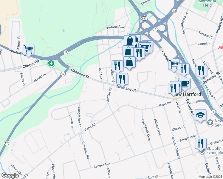 map of restaurants, bars, coffee shops, grocery stores, and more near 137 Genesee Street in New Hartford