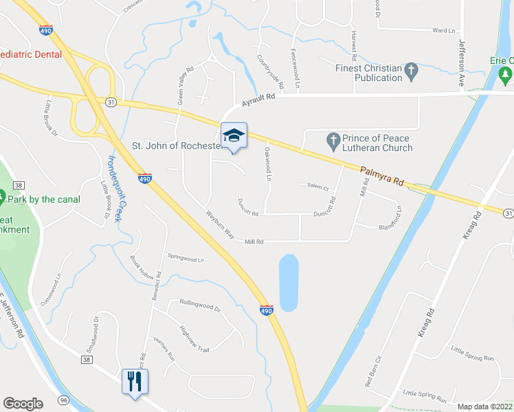 map of restaurants, bars, coffee shops, grocery stores, and more near 21 Oakwood Lane in Fairport