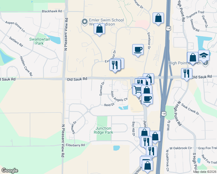 map of restaurants, bars, coffee shops, grocery stores, and more near 8501 Old Sauk Road in Middleton