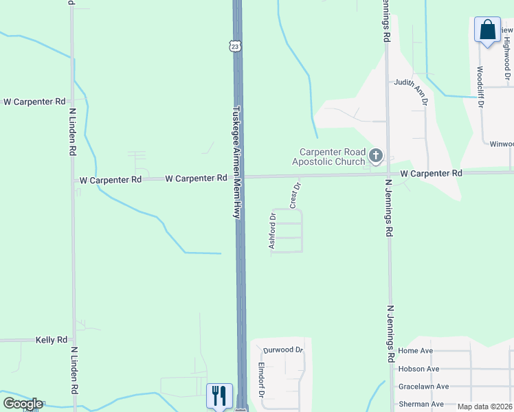 map of restaurants, bars, coffee shops, grocery stores, and more near 89 Ashford Drive in Flint
