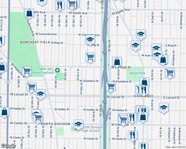 map of restaurants, bars, coffee shops, grocery stores, and more near 3033 North 9th Street in Milwaukee