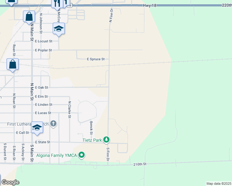 map of restaurants, bars, coffee shops, grocery stores, and more near 512 North Finn Drive in Algona