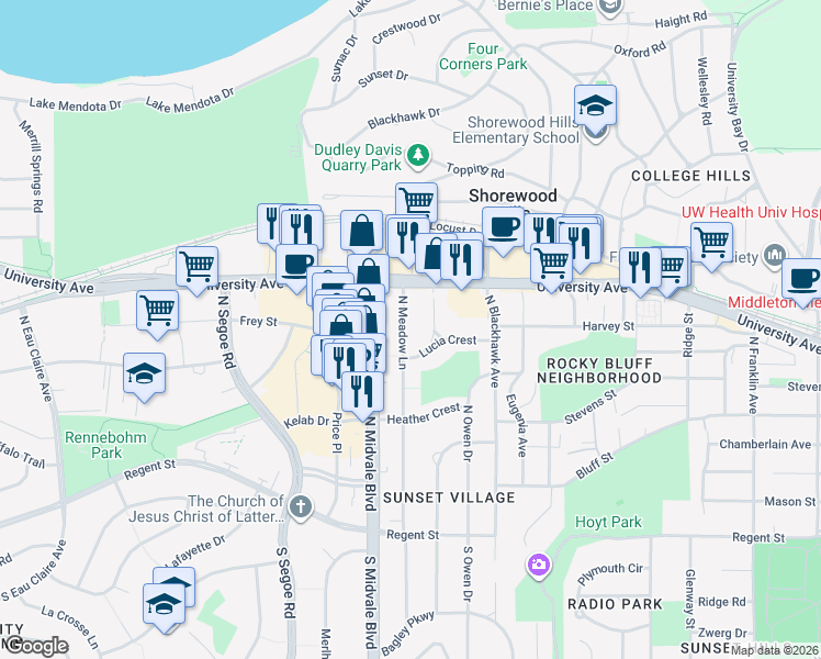 map of restaurants, bars, coffee shops, grocery stores, and more near 715 North Meadow Lane in Madison
