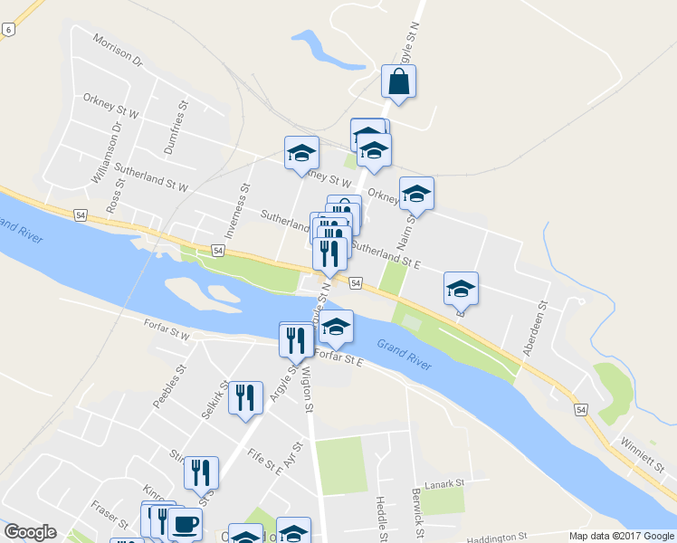map of restaurants, bars, coffee shops, grocery stores, and more near 38 Argyle Street North in Caledonia